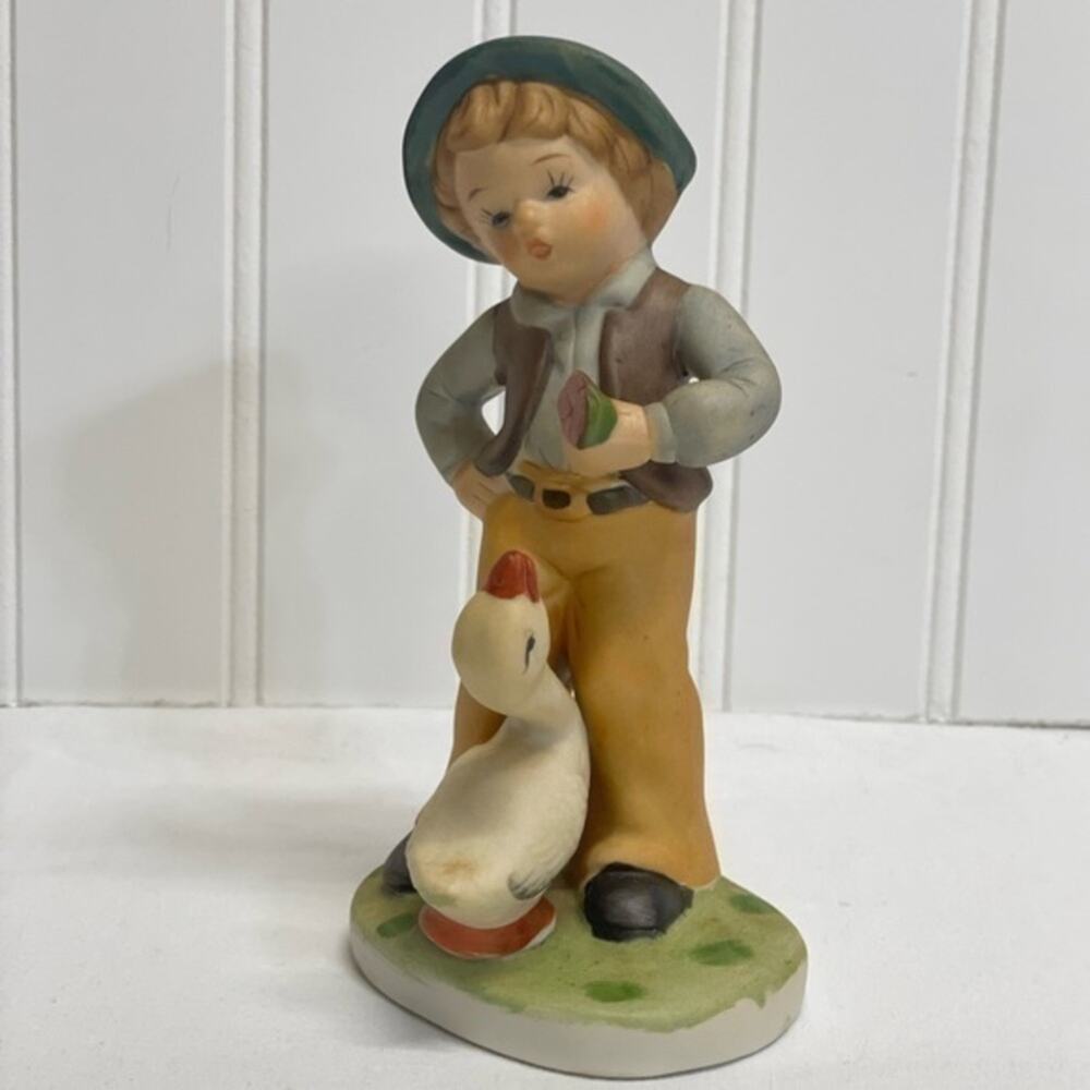 Vintage Hand-Painted Ceramic Boy with Goose Figurine – Farmhouse Style – 5”